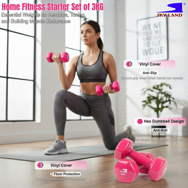 6kg Vinyl Dumbbell Set (3kg x 2) - PinkAnti-Roll Hex - Image 4