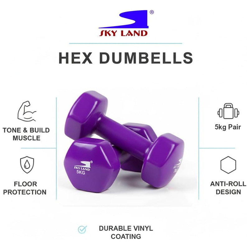 10kg Vinyl Dumbbell Set (5kg x 2) - Purple Anti-Roll Hex - Image 3