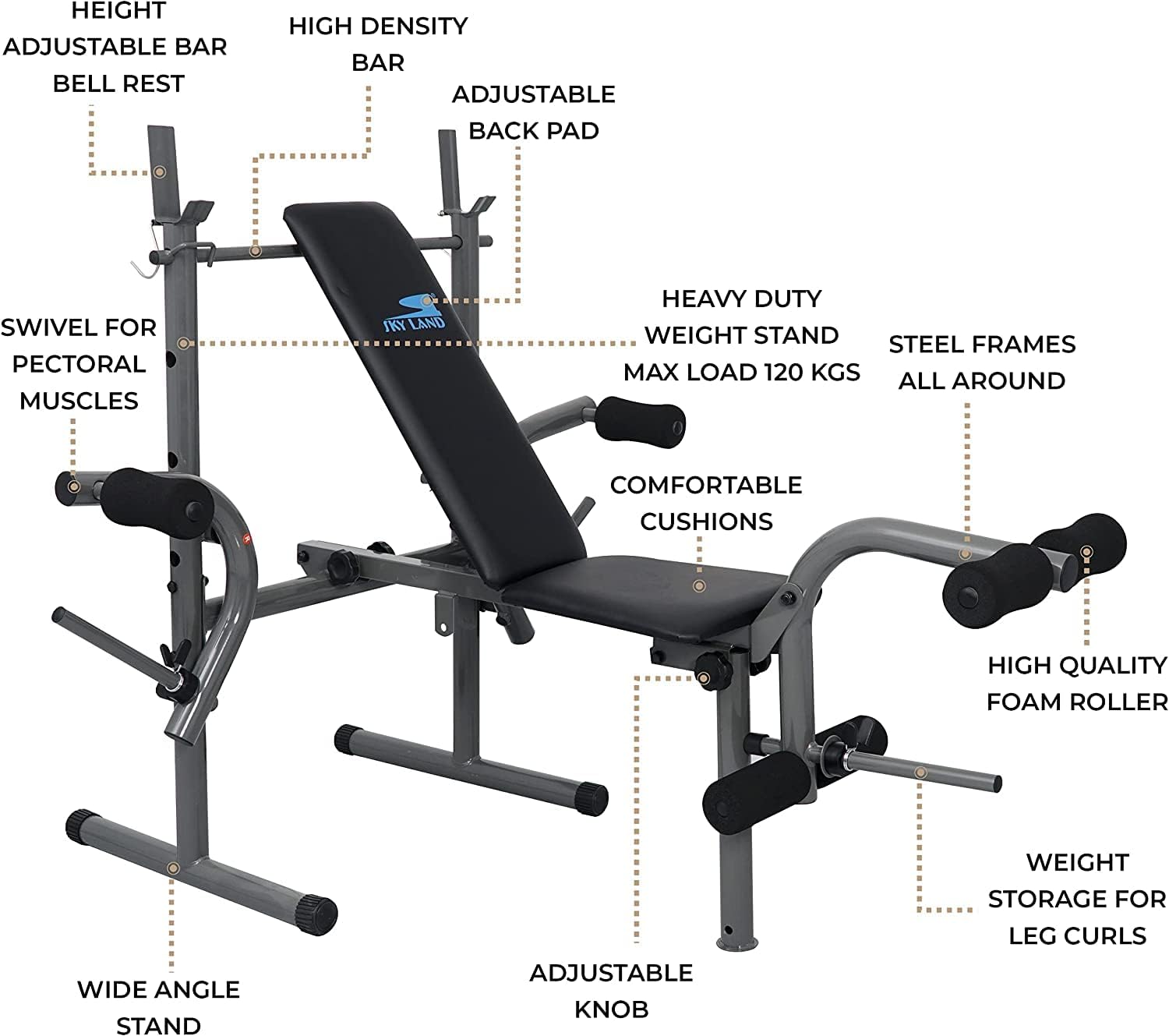 SKY LAND Adjustable & Foldable Multi-Function Weight Bench - EM-1820, Grey | Flat & Incline Bench with Bar Holder & Olympic Weight Storage (Weights Not Included) - Image 6