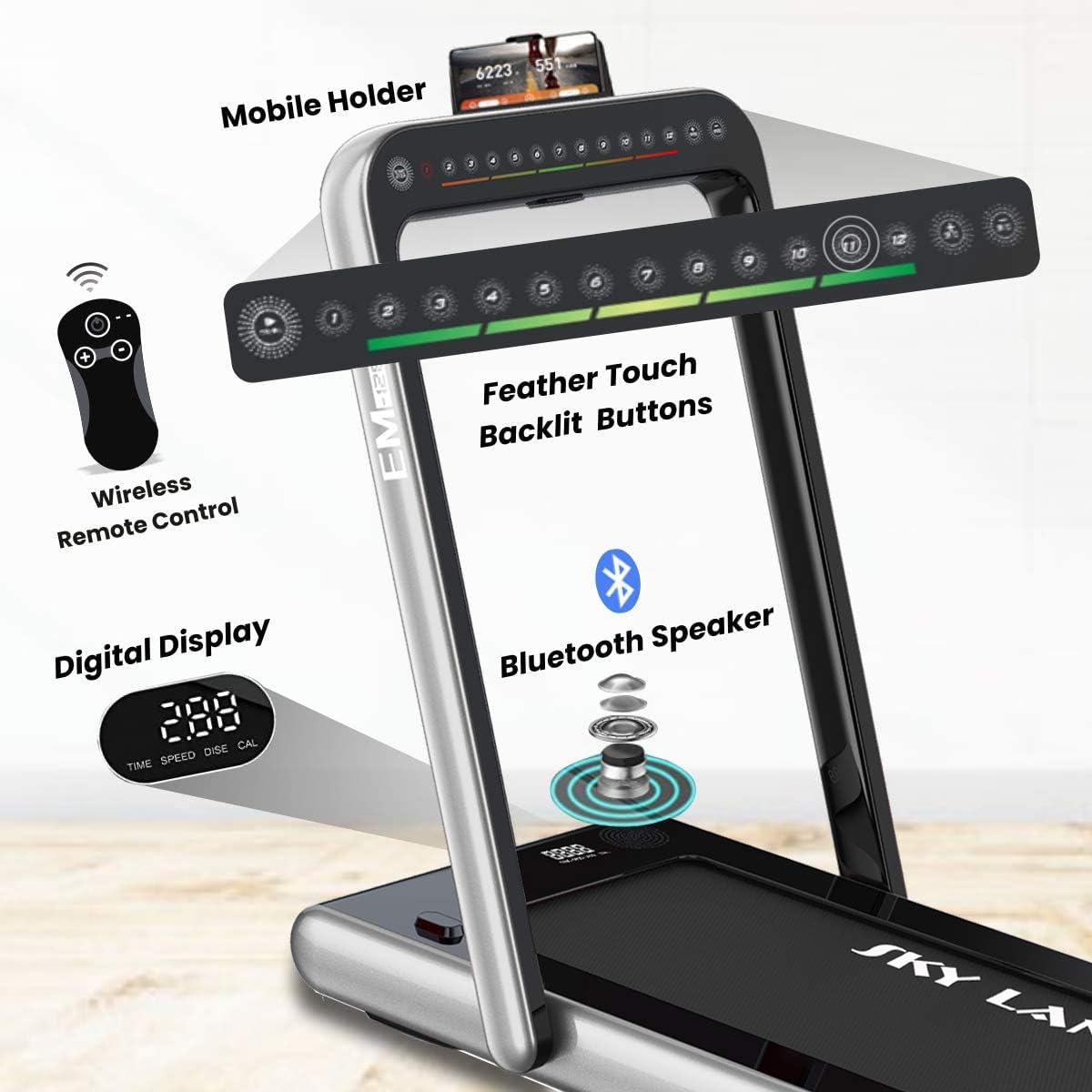 2-in-1 Walking Pad & Foldable Treadmill | 2.25 HP Motor, Auto Speed, Bluetooth Speaker, LED Display | Compact Home & Office Running Machine EM-1282-G - Image 9