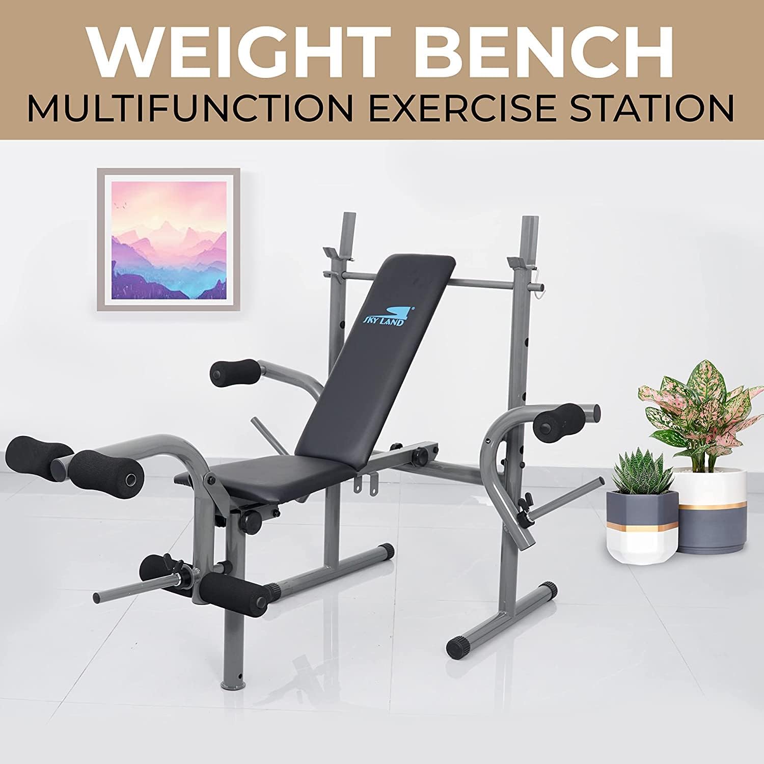 SKY LAND Adjustable & Foldable Multi-Function Weight Bench - EM-1820, Grey | Flat & Incline Bench with Bar Holder & Olympic Weight Storage (Weights Not Included) - Image 2