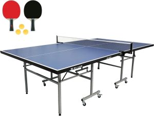 SKY LAND Indoor Tennis Table Set for Home, Official Size Foldable Ping Pong Table Play Unit with Wheels, Includes Rackets & Balls, Family Sports Equipment EM-8009