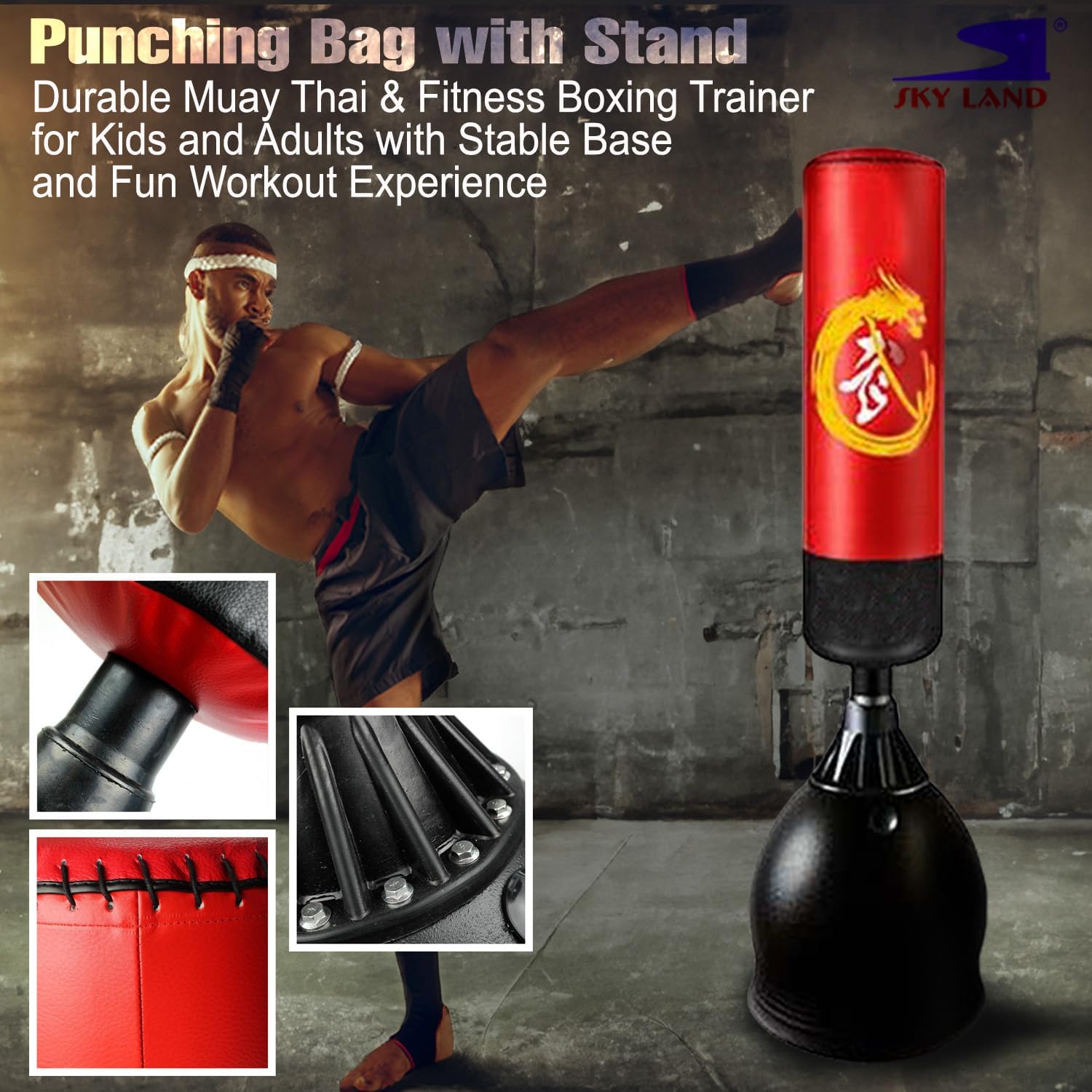 SKY LAND 1.6M Free-Standing Boxing Bag with Stand ? Punching Bag with Sand/Water Fillable Base ? Durable Kickboxing Bag for Adults & Kids ? Training Equipment for Home Gym - Image 5