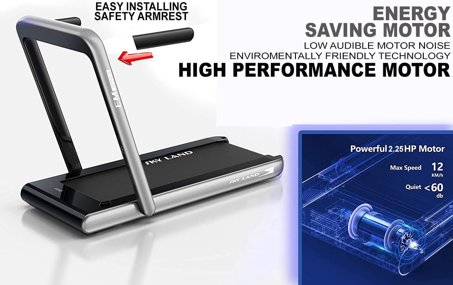 2-in-1 Walking Pad & Foldable Treadmill | 2.25 HP Motor, Auto Speed, Bluetooth Speaker, LED Display | Compact Home & Office Running Machine EM-1282-G - Image 4