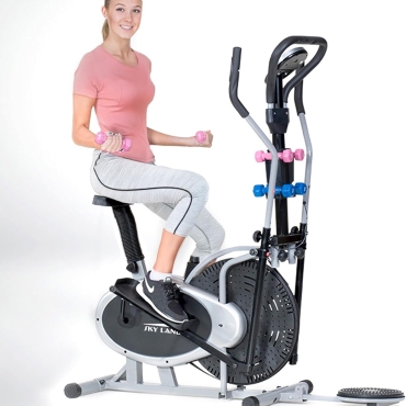 4-in-1 Orbitrac Elliptical Trainer & Exercise Bike ?C Stationary Fitness Cycle with Twister & Dumbbells | Adjustable Resistance, LCD Monitor, Full-Body Cardio Workout ?C EM-1132 Silver/Black