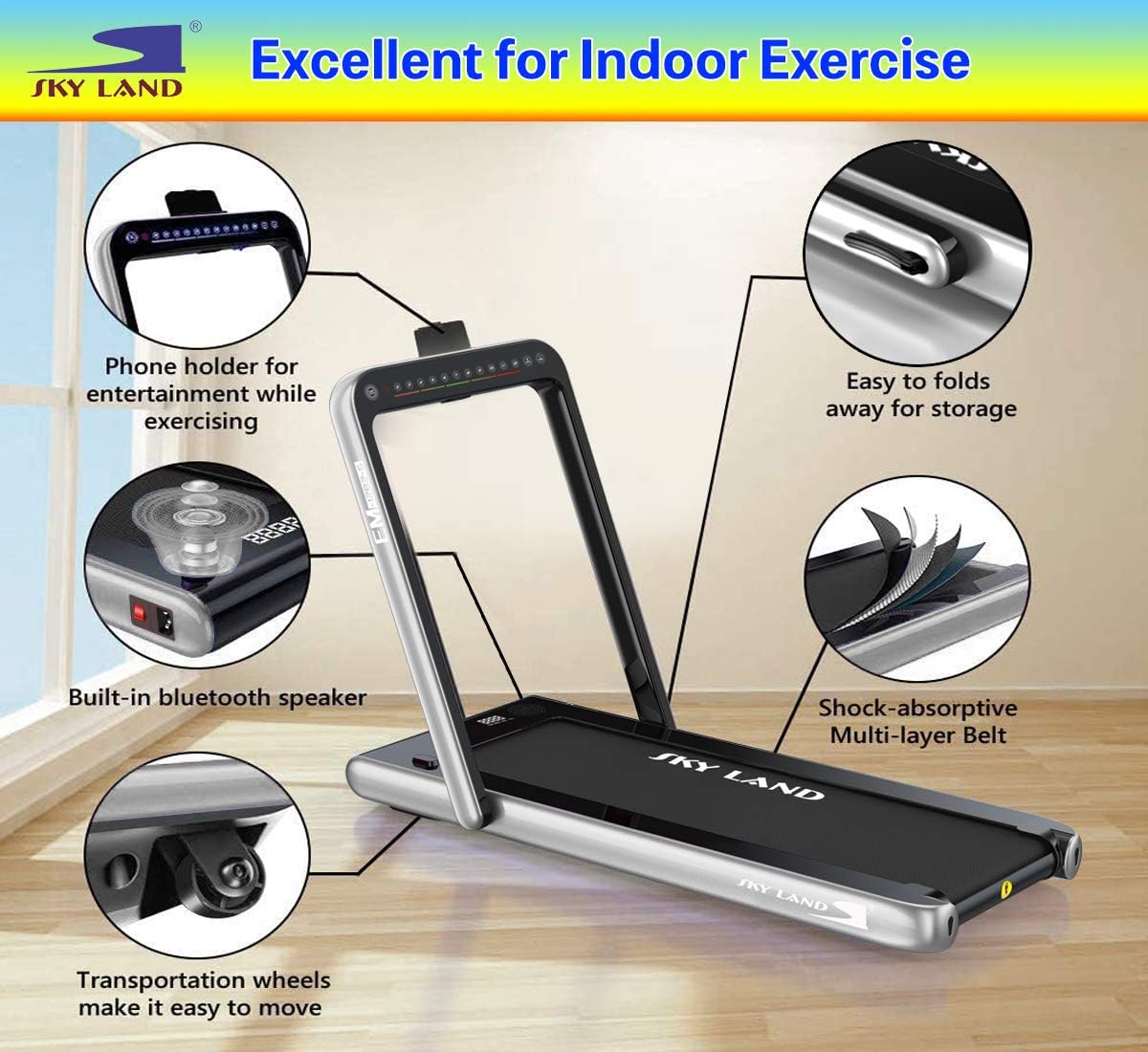 2-in-1 Walking Pad & Foldable Treadmill | 2.25 HP Motor, Auto Speed, Bluetooth Speaker, LED Display | Compact Home & Office Running Machine EM-1282-G - Image 5