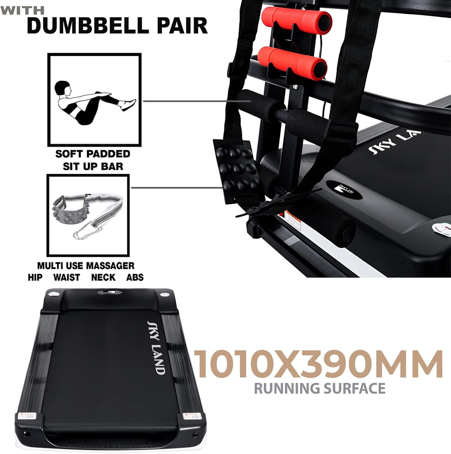 Foldable Treadmill | 4 HP Peak Motor Compact Running Machine with Massager, Sit Up Bar & Dumbbells | Home Use Black Treadmill EM-1258 - Image 4
