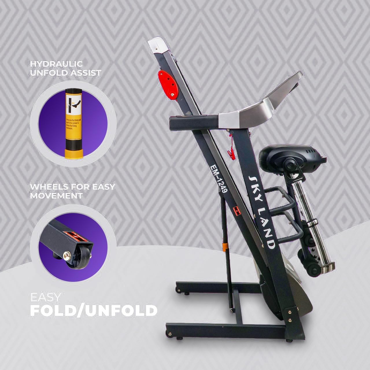Foldable Treadmill with Massager & Speaker | 4 HP Peak Motor, 12 Preset Workouts, Bluetooth & FS App | Auto Incline, LCD Display, Hydraulic Soft Drop | Running Machine for Home ?C EM-1249 - Image 7