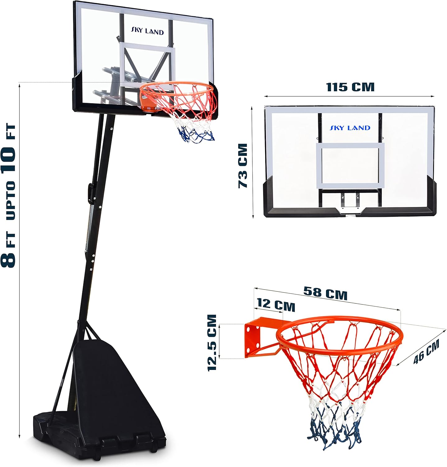 SKY LAND Adjustable Basketball Hoop System | 8-10 ft Height, 44" Shatterproof Backboard, Portable Basketball Stand for Kids & Adults, Indoor/Outdoor Sports Equipment - EM-1875 - Image 6