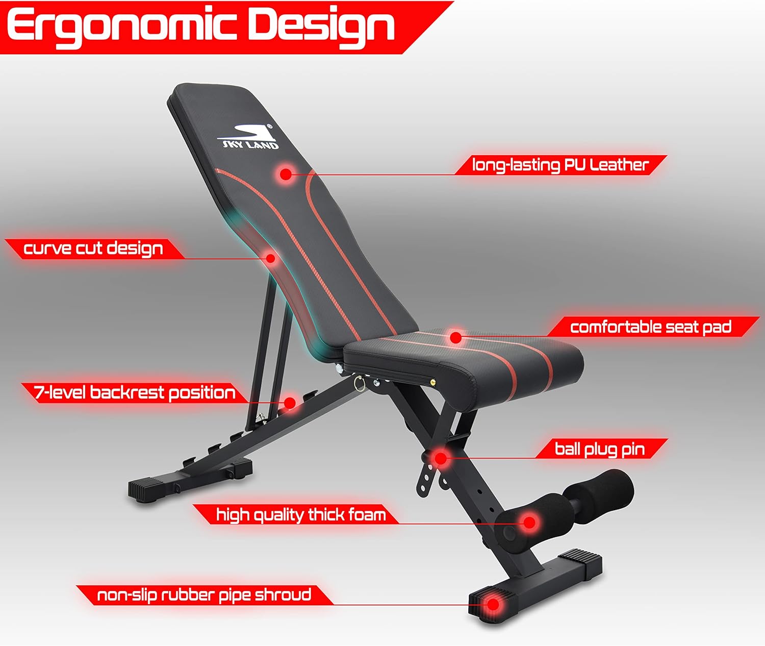 SKY LAND Weight Bench, Adjustable Workout Bench Foldable Strength Training Bench for Home Gym-EM-1868, black - Image 4