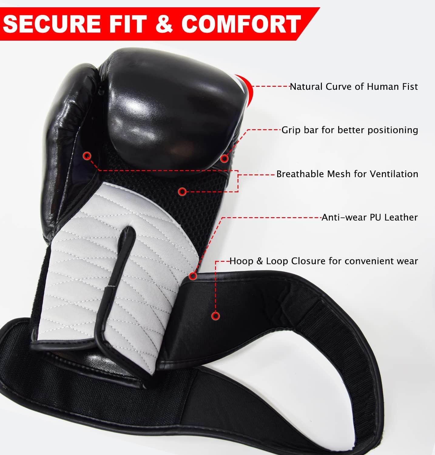 SKY LAND Premium 12 Oz Boxing Gloves - Punching Gloves For Strength Training, Black, Training, Sparring, Muay Thai, Kickboxing, MMA, Comfortable Fit, Durable PU Leather EM-9340-XL - Image 2