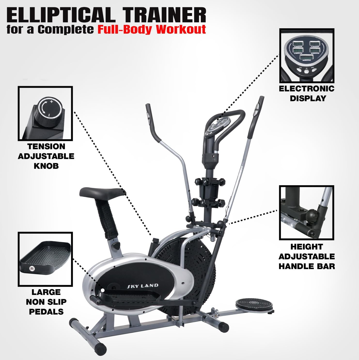 4-in-1 Orbitrac Elliptical Trainer & Exercise Bike ?C Stationary Fitness Cycle with Twister & Dumbbells | Adjustable Resistance, LCD Monitor, Full-Body Cardio Workout ?C EM-1132 Silver/Black - Image 4