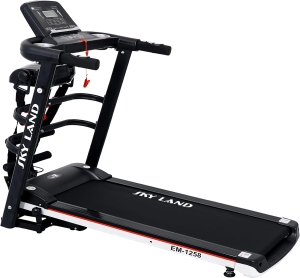 Foldable Treadmill | 4 HP Peak Motor Compact Running Machine with Massager, Sit Up Bar & Dumbbells | Home Use Black Treadmill EM-1258