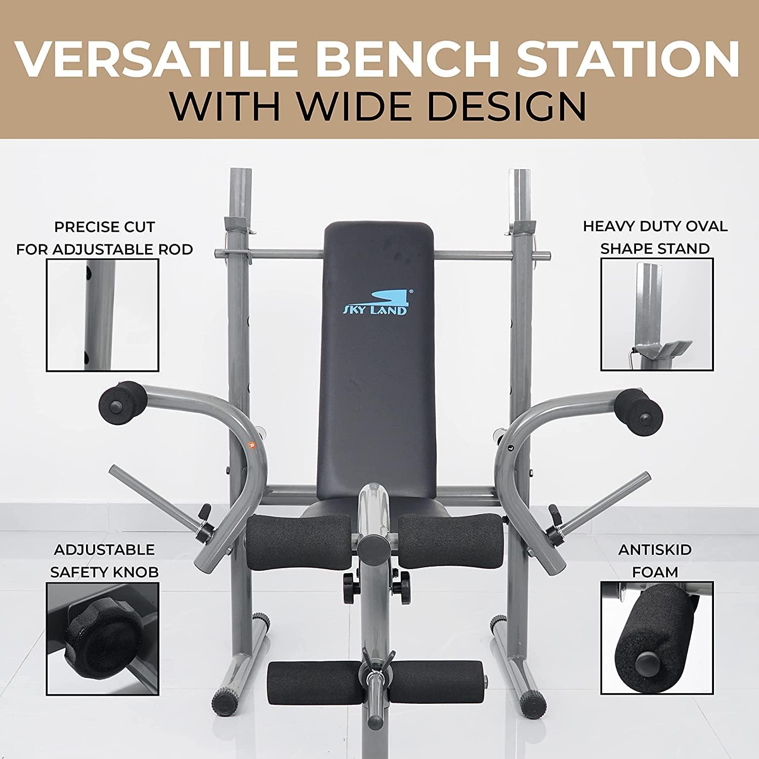SKY LAND Adjustable & Foldable Multi-Function Weight Bench - EM-1820, Grey | Flat & Incline Bench with Bar Holder & Olympic Weight Storage (Weights Not Included) - Image 3
