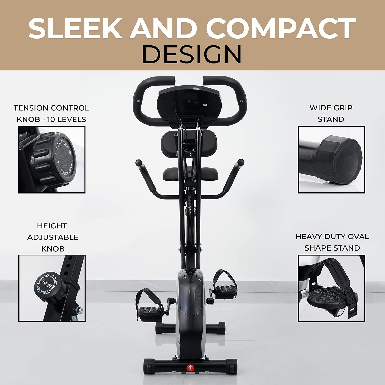 Foldable Exercise Bike, 4-in-1 X-Bike for Indoor Cycling with Arm Resistance Bands, Stationary Fitness Bike with Digital LCD Monitor & 10-Level Adjustable Magnetic Resistance EM-1549 - Image 3