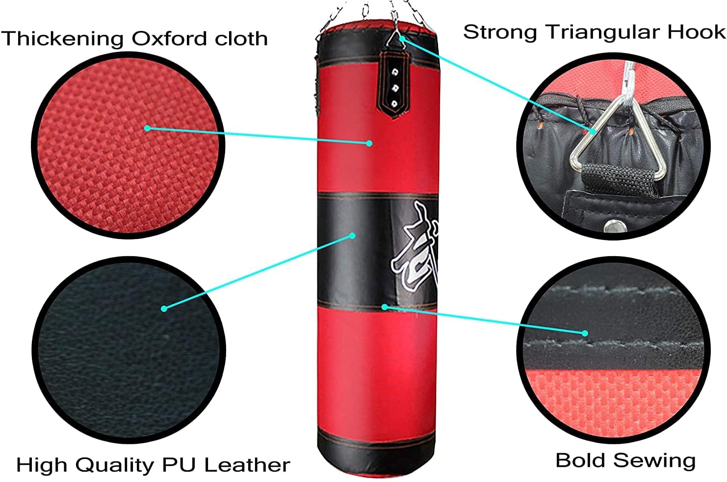 SKY LAND Professional Punching Bag EM-1849 - Heavy Duty Boxing Bag, Premium Synthetic Leather, Double-End Attachment Shock-Absorbent Fill- Red/Black, L-120cm, W-32cm, H-32cm - Image 3