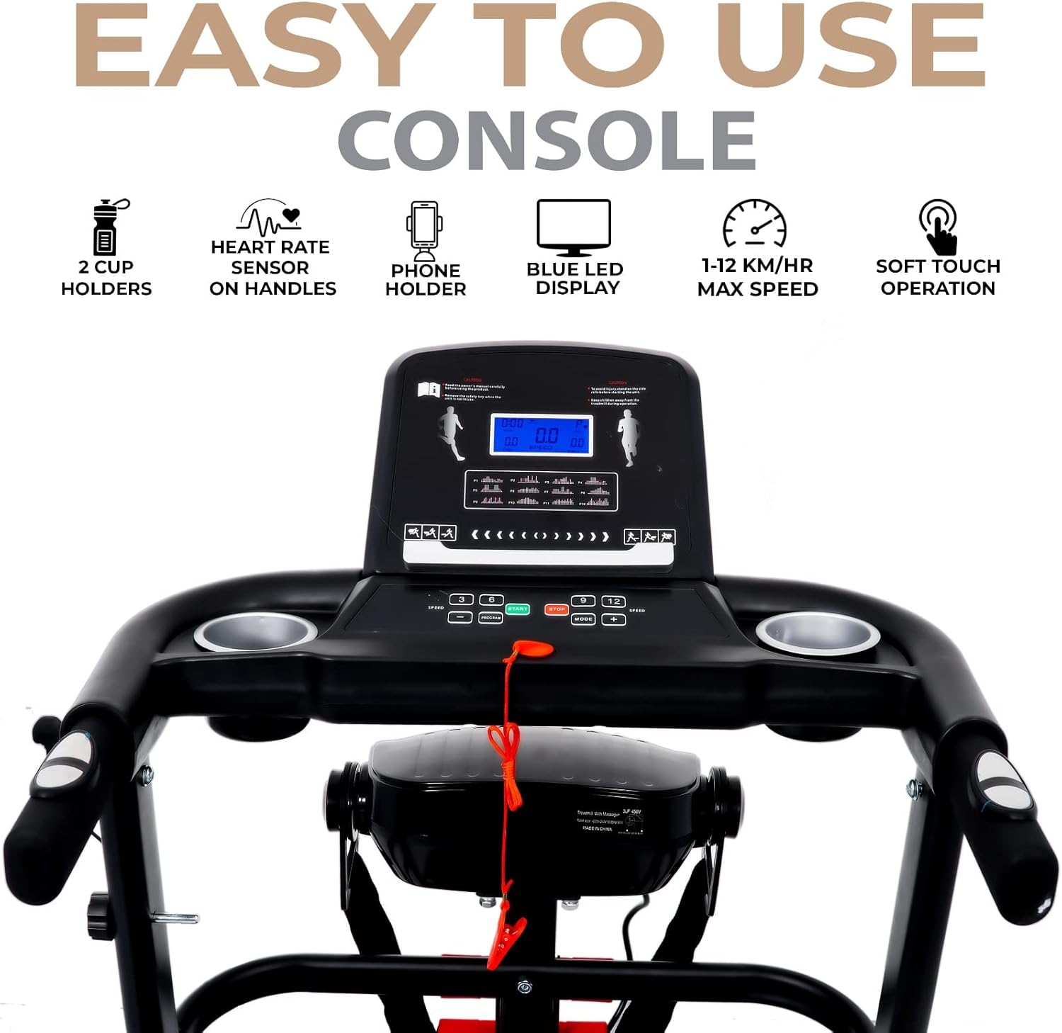 Foldable Treadmill | 4 HP Peak Motor Compact Running Machine with Massager, Sit Up Bar & Dumbbells | Home Use Black Treadmill EM-1258 - Image 3