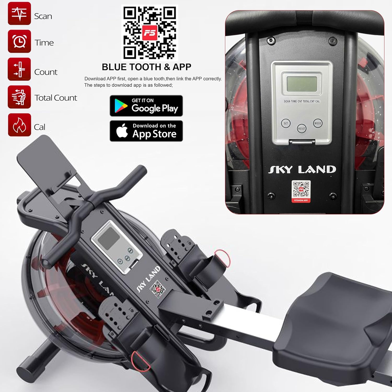 Water Rowing Machine for Home Use ?C Indoor Cardio Rower with Vertical Tank Resistance, Bluetooth App, LCD Monitor, Foldable Storage & 136KG Capacity Fitness Equipment GM-8146 - Image 6