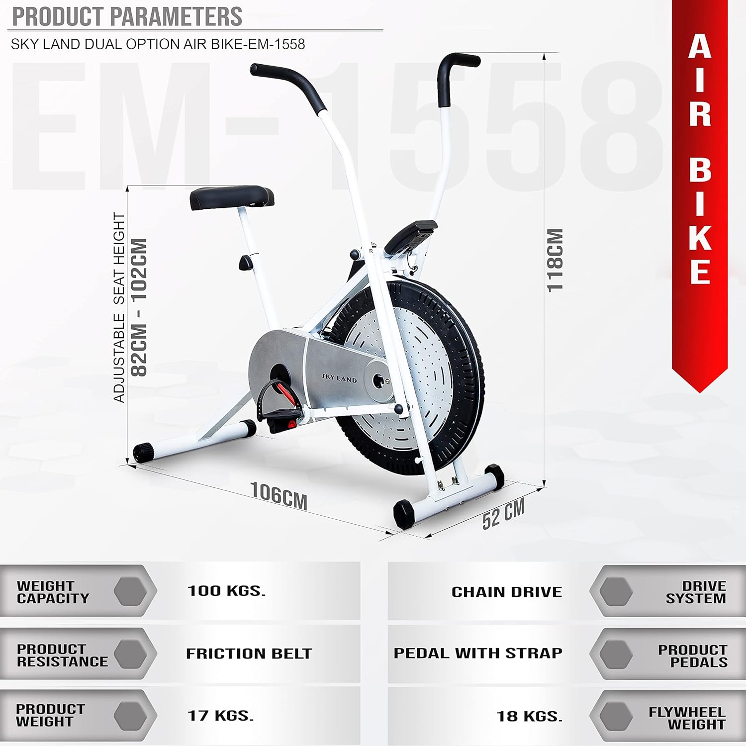 Orbitrek Fitness Exercise Air Cycle, Home Gym Air Bike with Movable Handles, Adjustable Resistance, Cushioned Seat & LCD Monitor, Full Body Cardio Workout, Gray/Black EM-1558 - Image 6