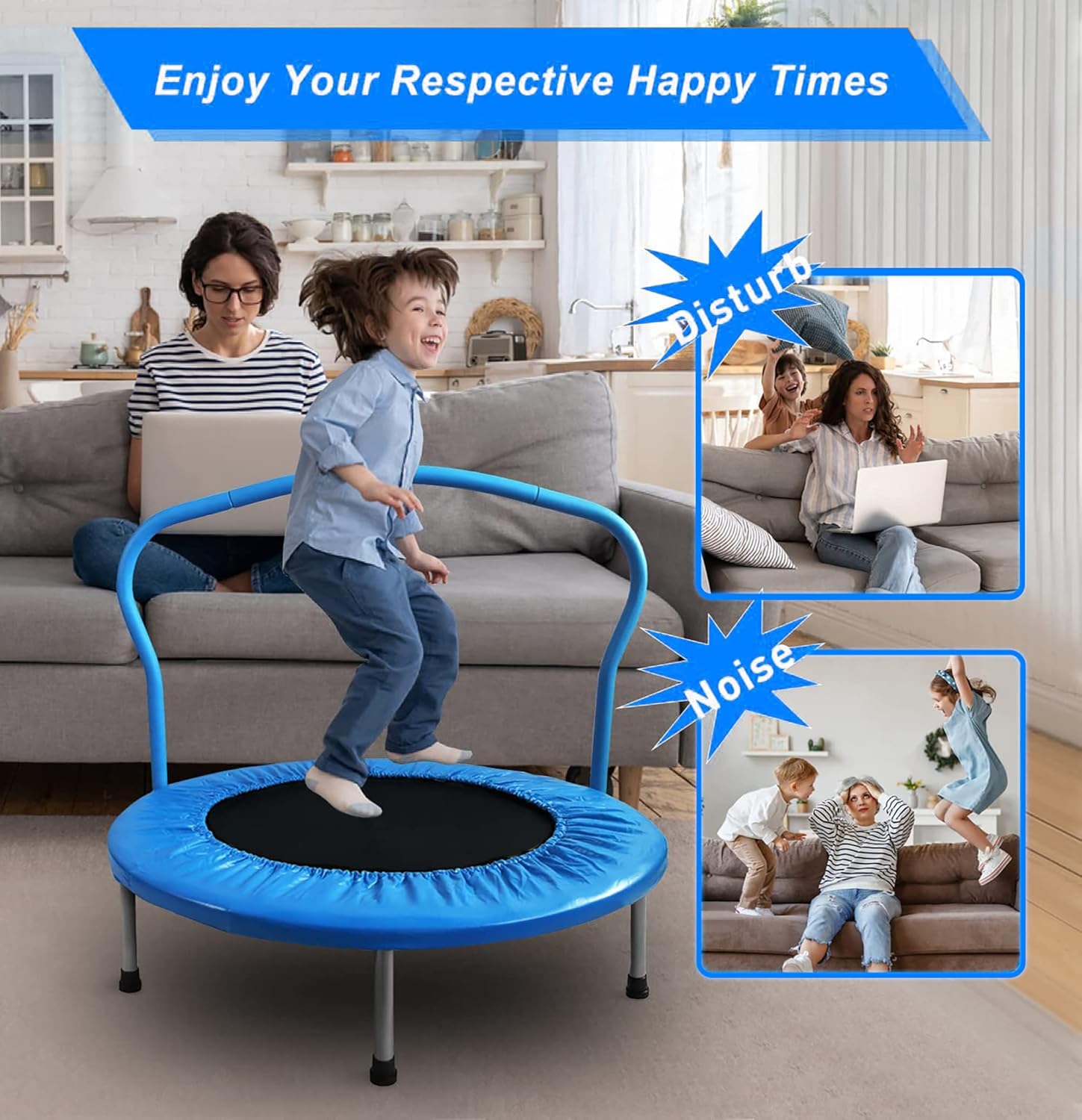 SKY LAND 36" Jumping Trampoline For Kids, Rebounder With Removable Foam Handle & Safety Pad/ Bungee Cords, Stable & Quiet Exercise Rebounder For Indoor & Outdoor, EM-8101 - Image 4