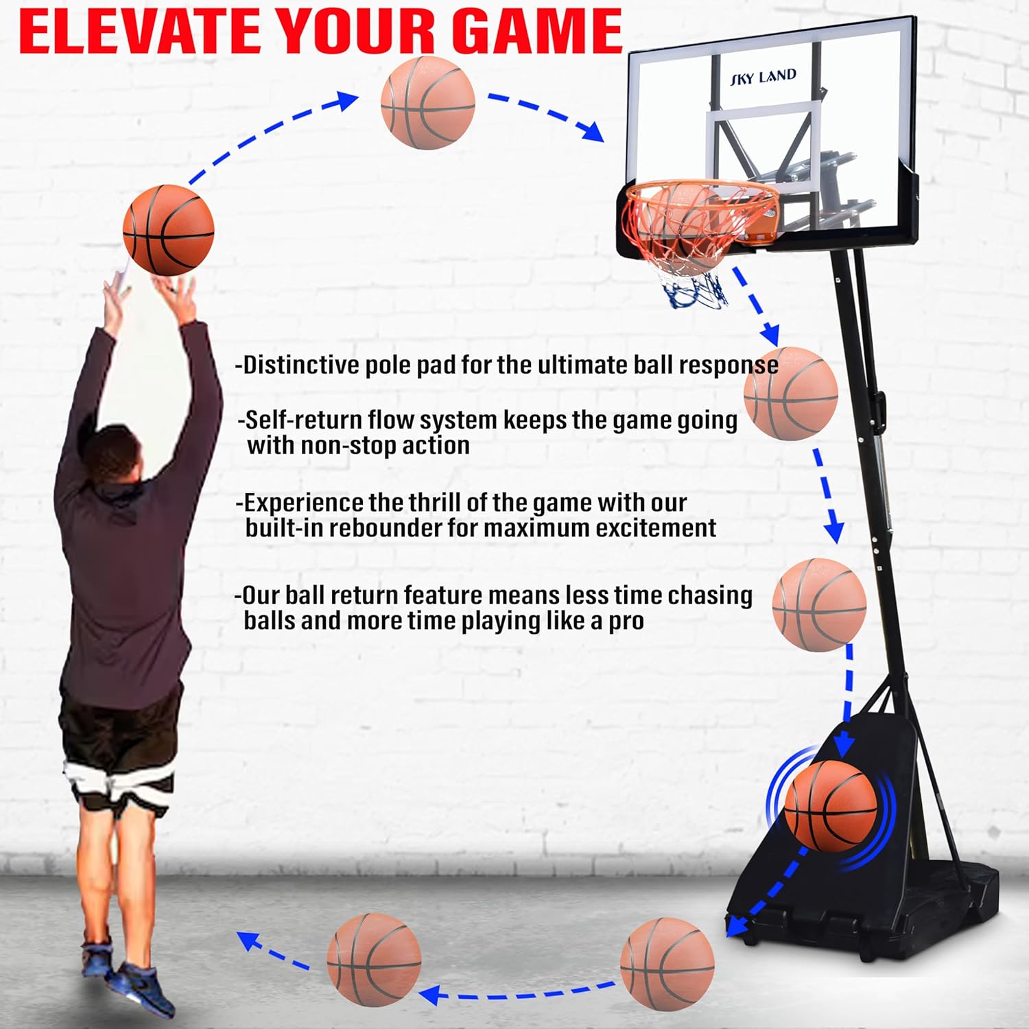 SKY LAND Adjustable Basketball Hoop System | 8-10 ft Height, 44" Shatterproof Backboard, Portable Basketball Stand for Kids & Adults, Indoor/Outdoor Sports Equipment - EM-1875 - Image 4