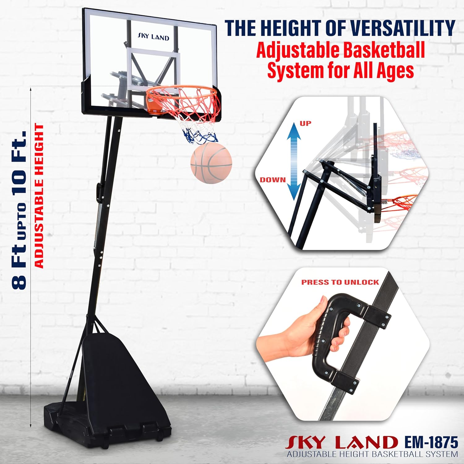 SKY LAND Adjustable Basketball Hoop System | 8-10 ft Height, 44" Shatterproof Backboard, Portable Basketball Stand for Kids & Adults, Indoor/Outdoor Sports Equipment - EM-1875 - Image 7