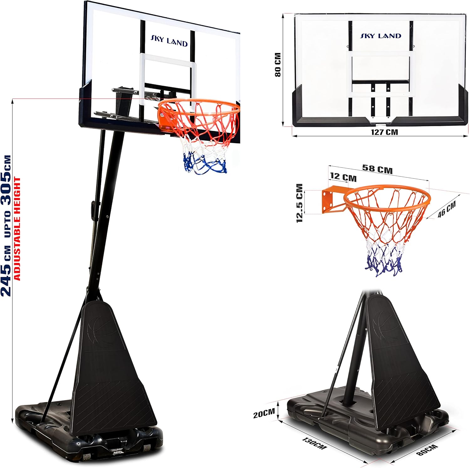 SKY LAND Basketball Hoop, Basketball Goal on Wheels Pro Size, Adjustable Height 8-10 FT, 50" Shatterproof Acrylic Backboard For Adults & Teens, Outdoor/Indoor Basketball Hoop Stand EM-1874 - Image 3