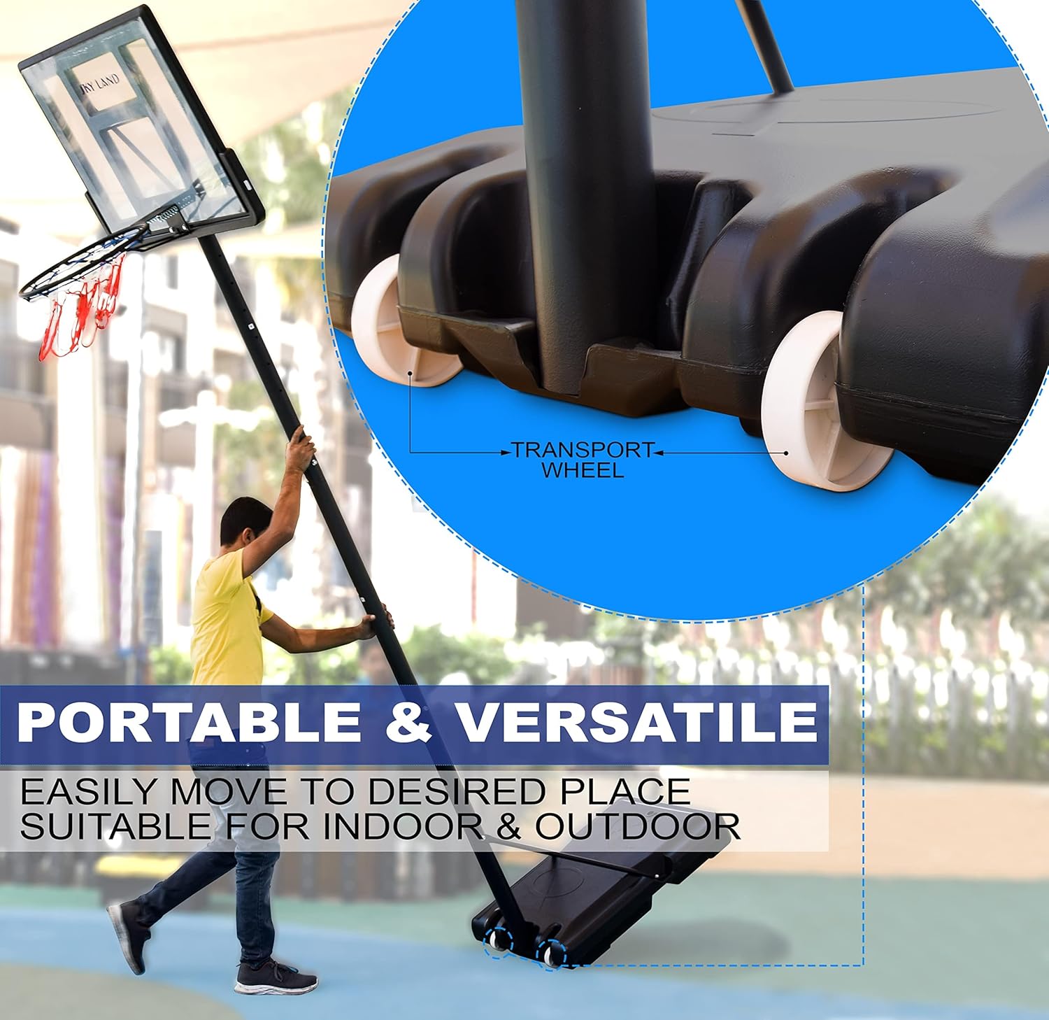 SKY LAND Sports Basketball Hoop | Basketball Goal on Wheels Adjustable Height 5-10 FT, 44" Backboard For Adults & Kids, Outdoor Basketball Stand, EM-1873 - Image 6