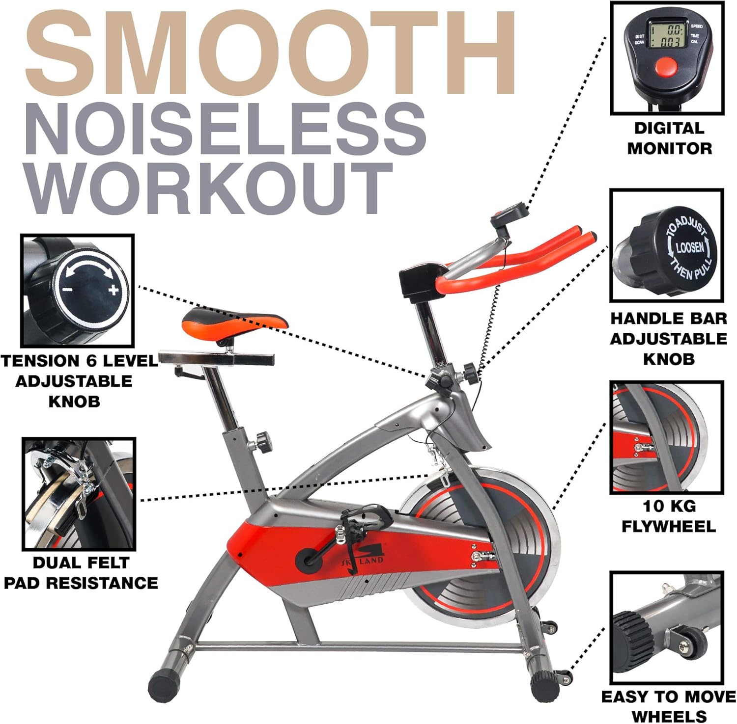Spin Bike for Home Gym | 10kg Flywheel, Adjustable Resistance & Seat | Stationary Exercise Bike with LCD Monitor, Silent Belt Drive, and Comfortable Cushion, EM-1544 - Image 4