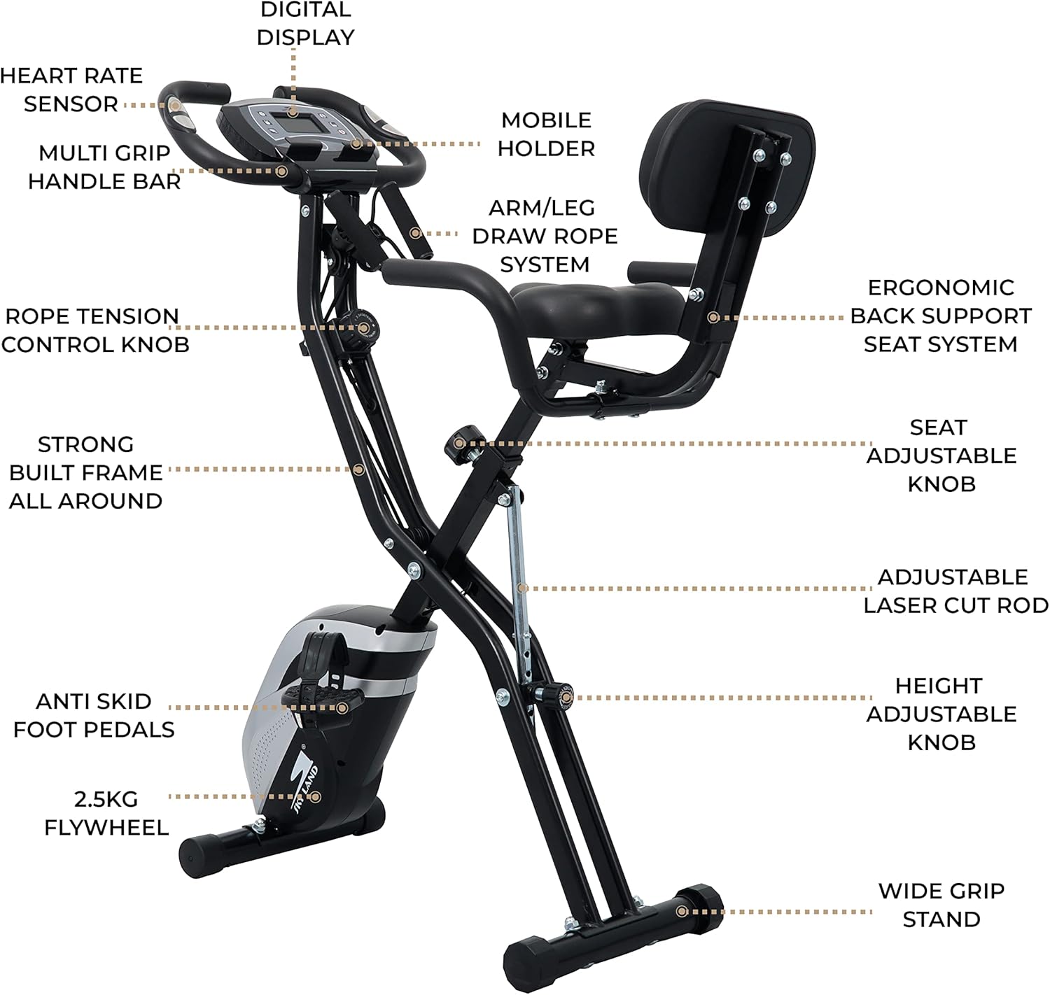 Foldable Exercise Bike, 4-in-1 X-Bike for Indoor Cycling with Arm Resistance Bands, Stationary Fitness Bike with Digital LCD Monitor & 10-Level Adjustable Magnetic Resistance EM-1549 - Image 9
