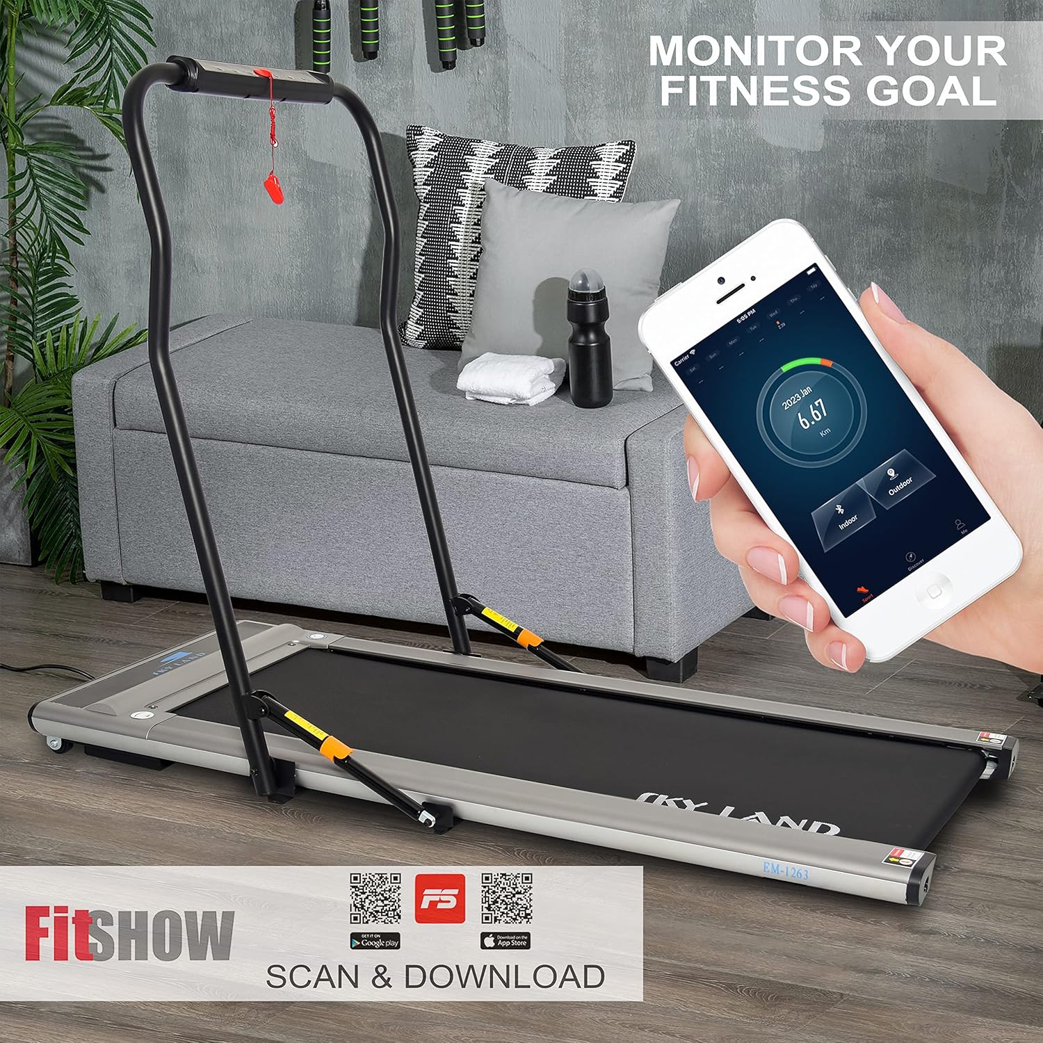 2-in-1 Foldable Treadmill | Ultra-Thin Walking Pad, 2.25HP Quiet Brushless Motor, LED Display & FS App | Under-Desk Treadmill for Home & Office, Compact Running Machine ?C EM-1263 - Image 3