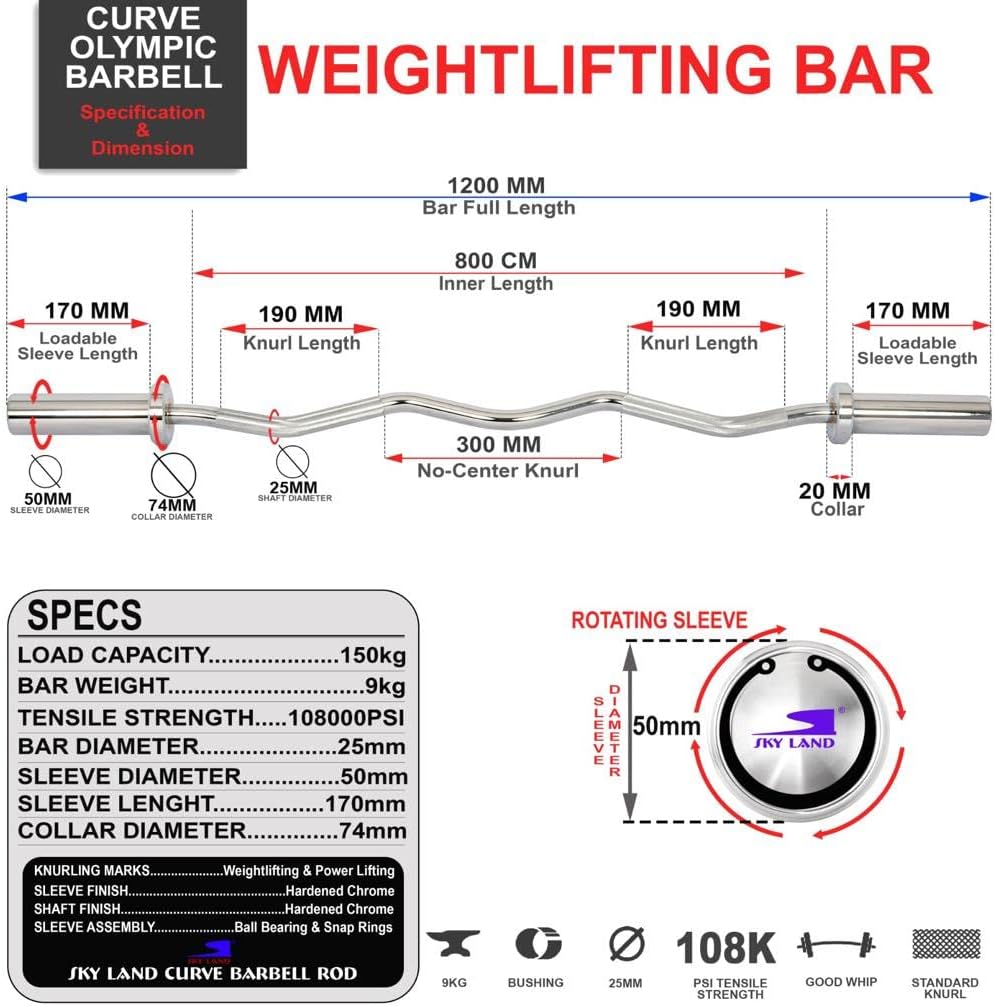 SKY LAND Powerlifting Bar 1.2M EZ Curl Zig Zag Barbell with Chrome Finish & Knurled Grip | Heavy Duty Gym Workout Bar for Biceps, Triceps, Strength Training & Home Fitness EM-9265-ZIP-1.2 - Image 5