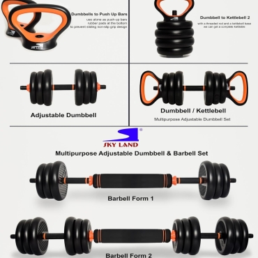SKY LAND 4-in-1 Adjustable Dumbbell, Barbell, Kettlebell & Push-Up Set for Strength Training, 15KG Dumbbell Set, Anti-Skid Handle, Environmentally Friendly Material, EM-9268-15