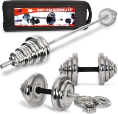 SKY LAND Fitness Adjustable Chrome Dumbbells and Barbell for Weight Training. Includes Storage Case with Wheels, 50 KG, Silver