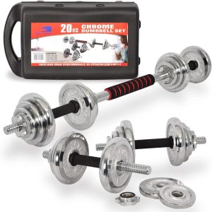 SKY LAND Adjustable Dumbbell Set 20KG with Barbell Connector | Chrome Cast Iron Dumbbell Set for Home Gym Strength Training – EM-9239-20