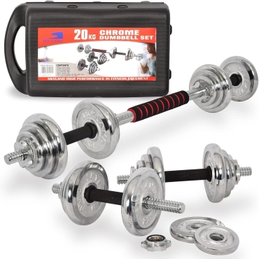 SKY LAND Adjustable Dumbbell Set 20KG with Barbell Connector | Chrome Cast Iron Dumbbell Set for Home Gym Strength Training – EM-9239-20