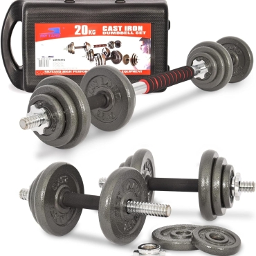 SKY LAND Adjustable Dumbbell Set 20KG with Connector EM-9229-20 | Cast Iron Dumbbell Set for Strength Training, Home Gym, Full Body Workouts | Converts to Barbell, Anti-Slip Grip, Durable Case – Black
