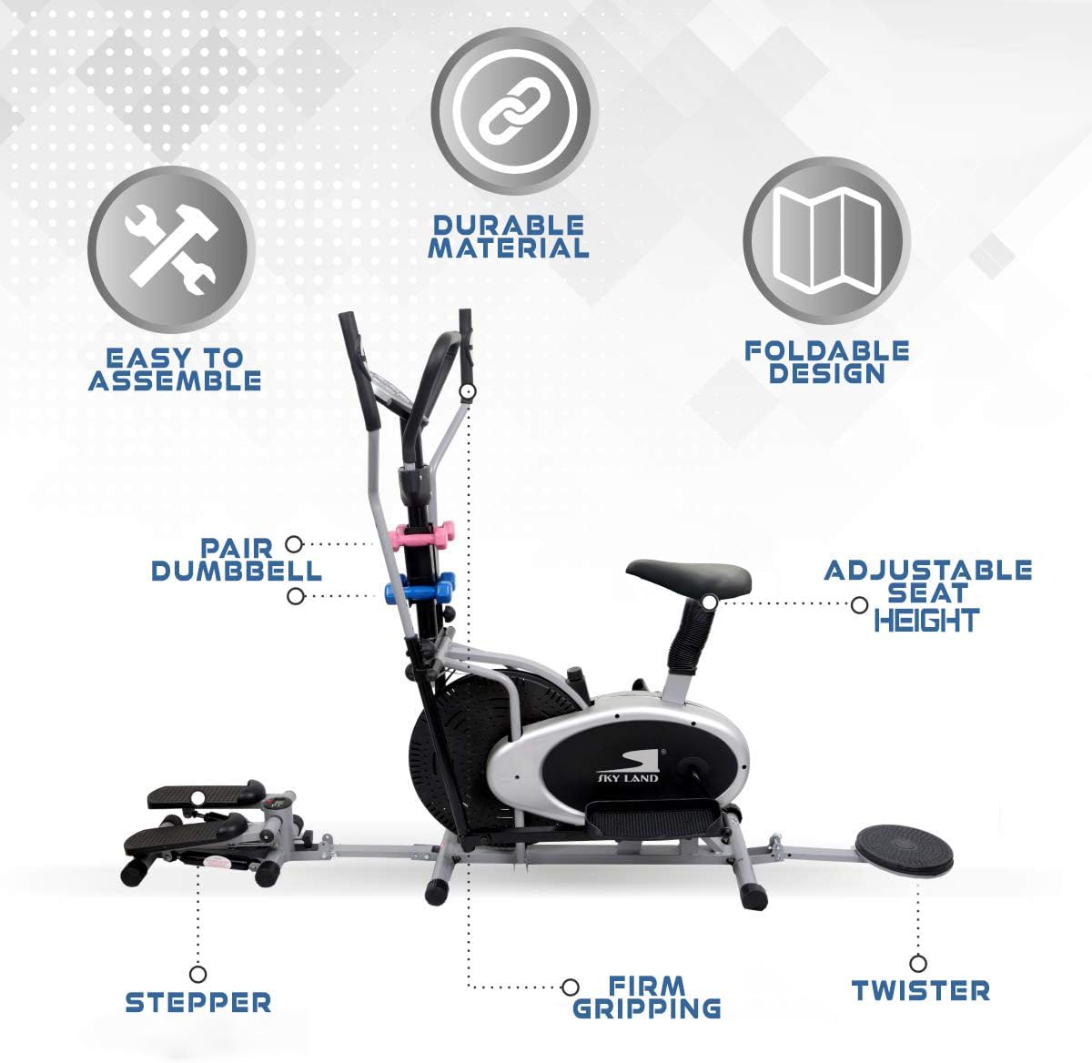 5-in-1 Orbitrek Exercise Bike | Elliptical Cycle with Stepper, Twister & Dumbbells | Adjustable Resistance | LCD Monitor & Cushioned Seat | Full-Body Home Gym Workout | EM-1133 - Image 2