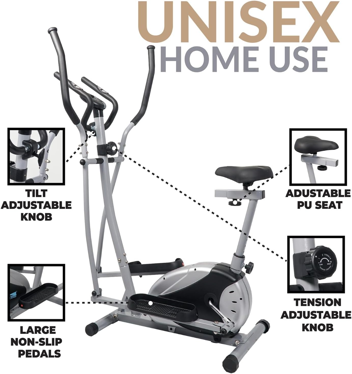 Magnetic Exercise Bike, Elliptical Cardio Fitness Machine for Home with 8-Level Resistance, Adjustable Seat, Digital Monitor & Pulse Sensors ?C Black/Grey EM-1532 - Image 4