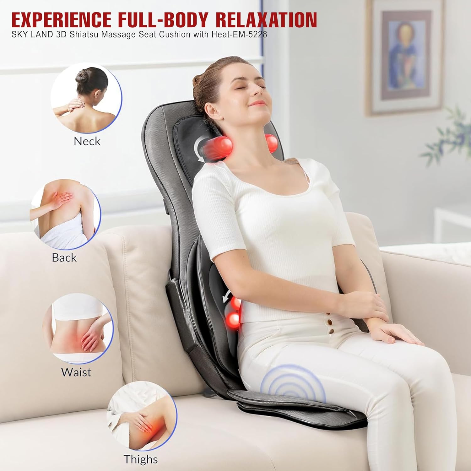 3D Shiatsu Massage Seat Cushion with Heat | Adjustable Neck, Back Massager | 2D/3D Kneading, Rolling, Air Compression & Vibration for Full Body Relaxation | Ideal Gift for Men & Women EM-5228 - Image 5