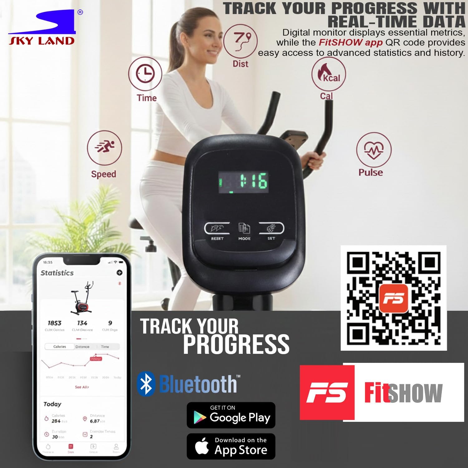 Upright Exercise Bike EM-1574, 8-Level Magnetic Resistance, 4KG Flywheel, Pulse Sensors, LED Monitor, Tablet Holder, F S App | Indoor Bike for Home Cardio & Full-Body Fitness, 100KG Capacity - Image 5
