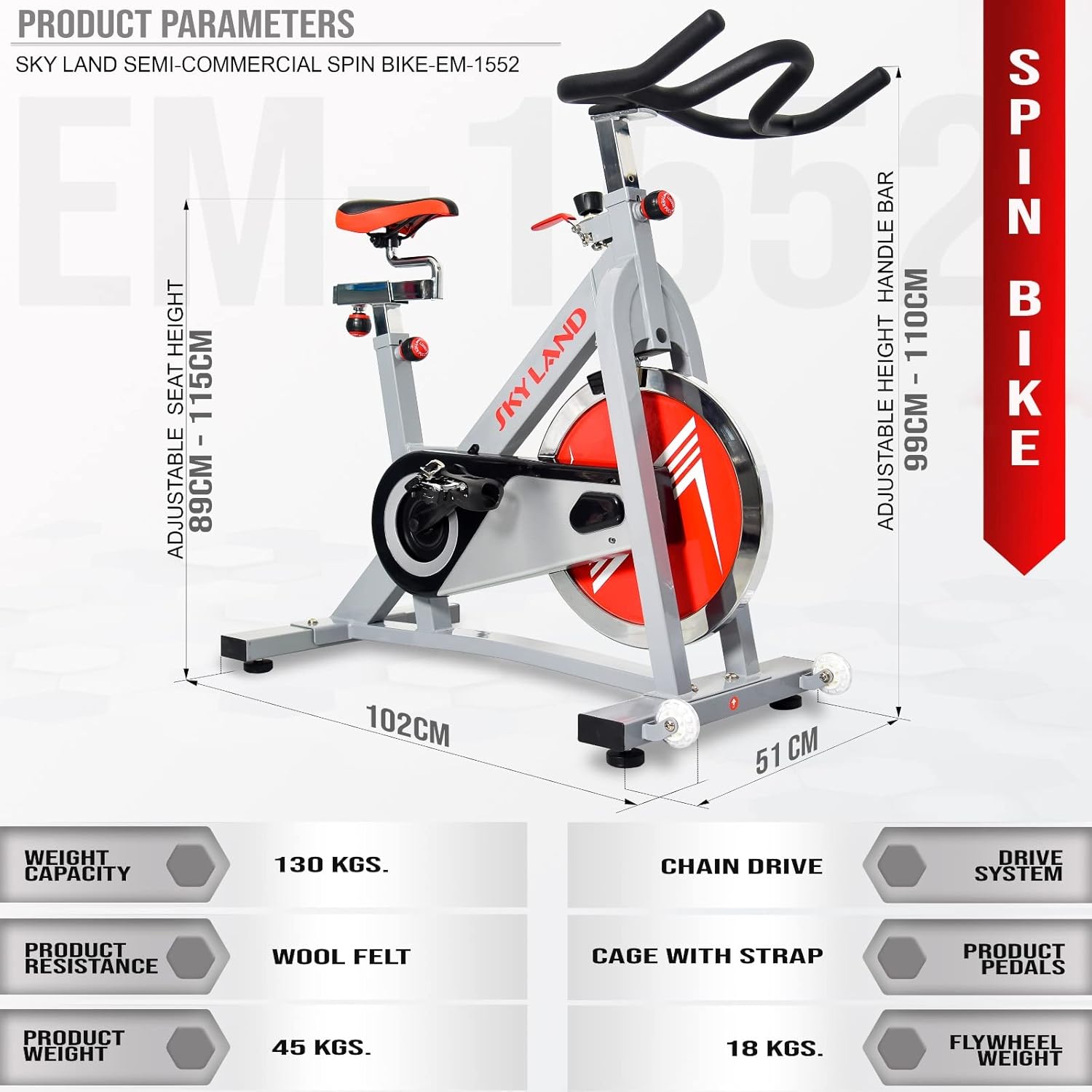 Semi Commercial Spin Bike | 18kg Flywheel Stationary Exercise Bike for Cardio Workouts | Heavy-Duty Indoor Cycling Machine with Adjustable Resistance & Ergonomic Design, EM-1552 - Image 3