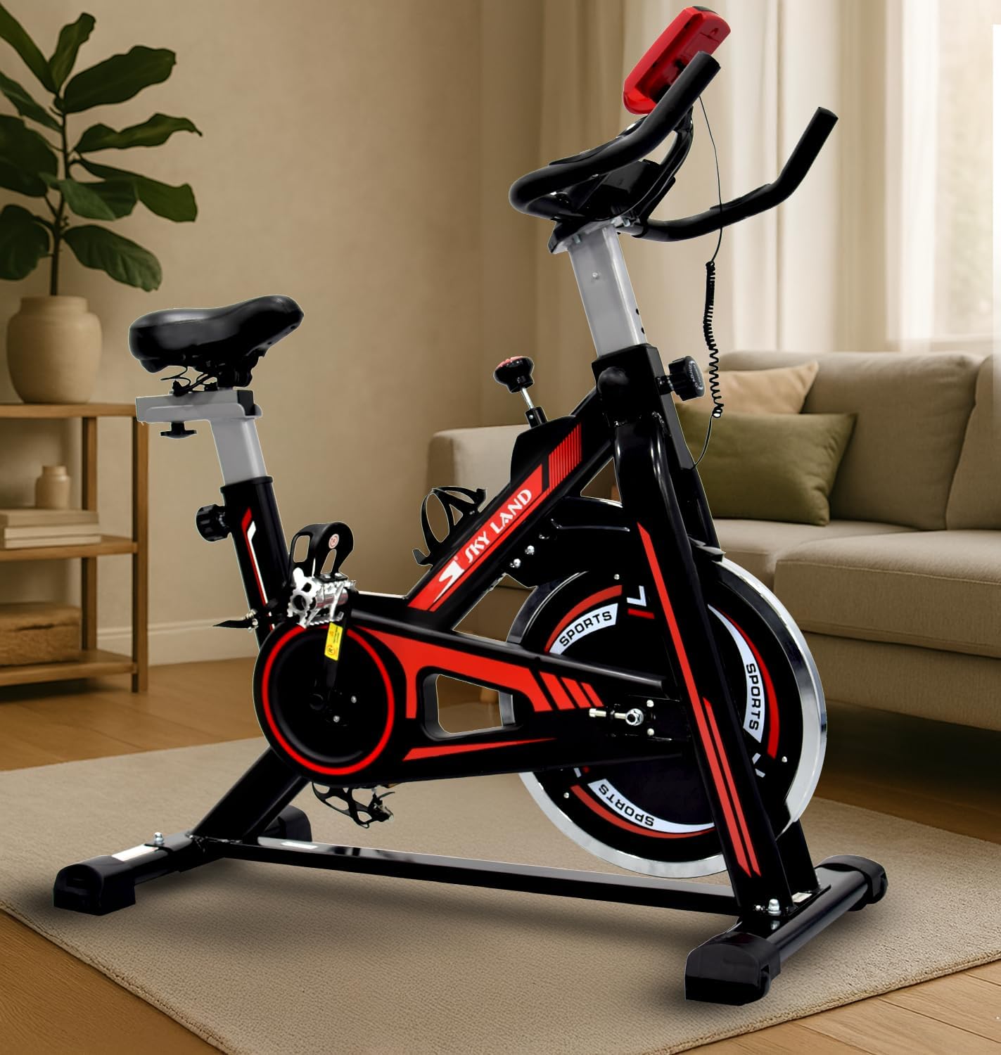 Exercise Bike, Indoor Cycling Spin Bike For Cardio & Strength Training Workouts Water Bottle Holder -Adjustable Height For Home Use, EM 1561, Red - Image 2