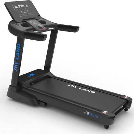 Sky Land EM-1203 treadmill shown in angled front view with LCD console, wide running belt, transport wheels, and sturdy frame.