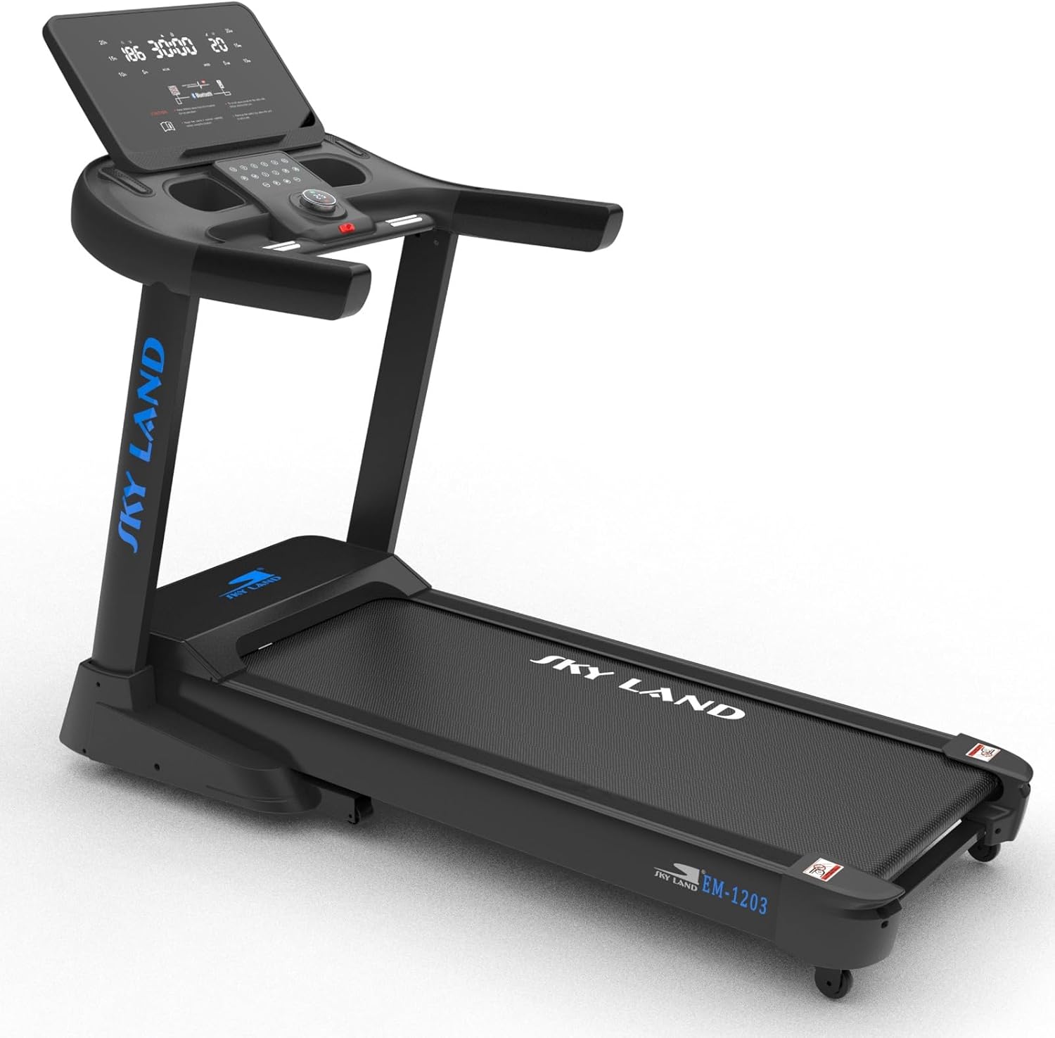 Sky Land EM-1203 treadmill shown in angled front view with LCD console, wide running belt, transport wheels, and sturdy frame.