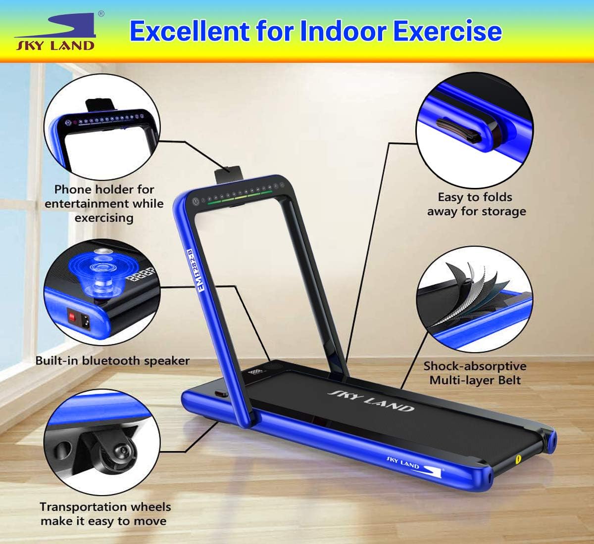 2-in-1 Walking Pad & Foldable Treadmill, 2.25 HP Motor, Auto Speed, Bluetooth Speaker, LED Display, Compact Home & Office Running Machine EM-1282-B - Image 4