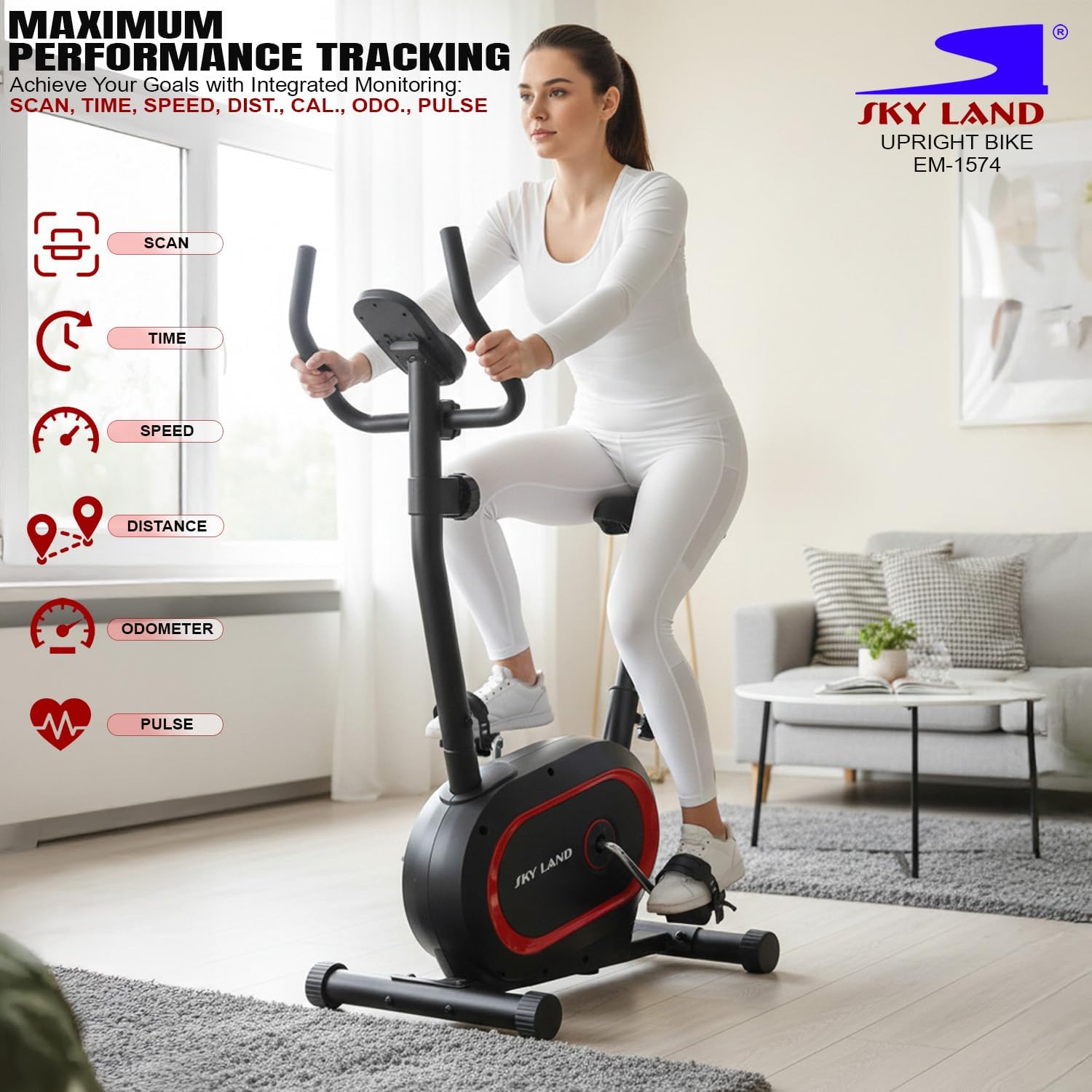 Upright Exercise Bike EM-1574, 8-Level Magnetic Resistance, 4KG Flywheel, Pulse Sensors, LED Monitor, Tablet Holder, F S App | Indoor Bike for Home Cardio & Full-Body Fitness, 100KG Capacity - Image 2