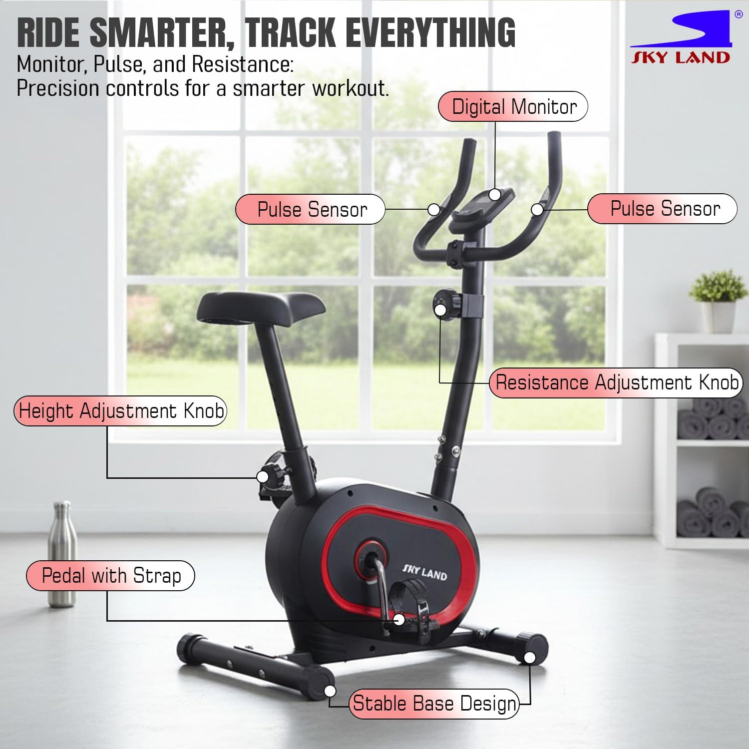 Upright Exercise Bike EM-1574, 8-Level Magnetic Resistance, 4KG Flywheel, Pulse Sensors, LED Monitor, Tablet Holder, F S App | Indoor Bike for Home Cardio & Full-Body Fitness, 100KG Capacity - Image 4