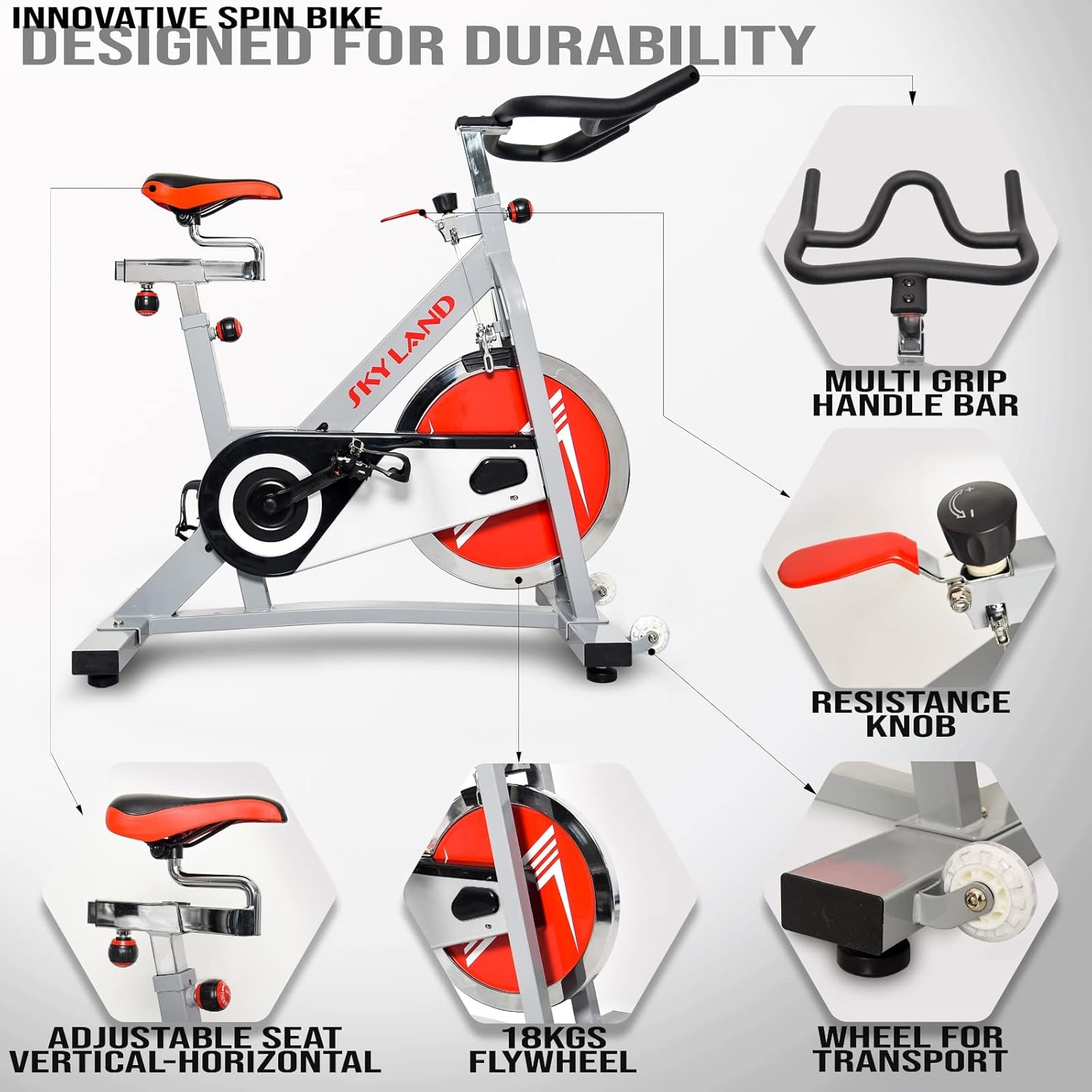 Semi Commercial Spin Bike | 18kg Flywheel Stationary Exercise Bike for Cardio Workouts | Heavy-Duty Indoor Cycling Machine with Adjustable Resistance & Ergonomic Design, EM-1552 - Image 6