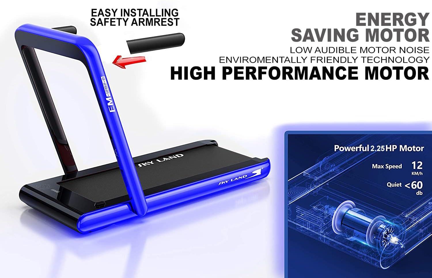2-in-1 Walking Pad & Foldable Treadmill, 2.25 HP Motor, Auto Speed, Bluetooth Speaker, LED Display, Compact Home & Office Running Machine EM-1282-B - Image 3